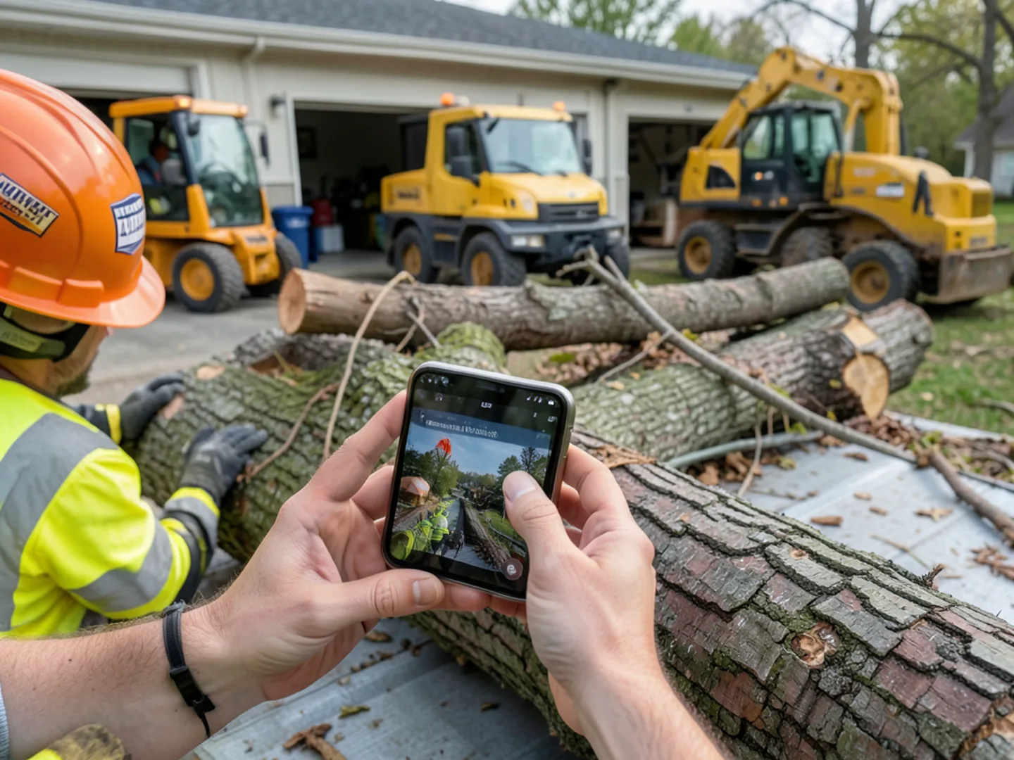 Fallen tree lying across boundary fence between two suburban Georgia yards