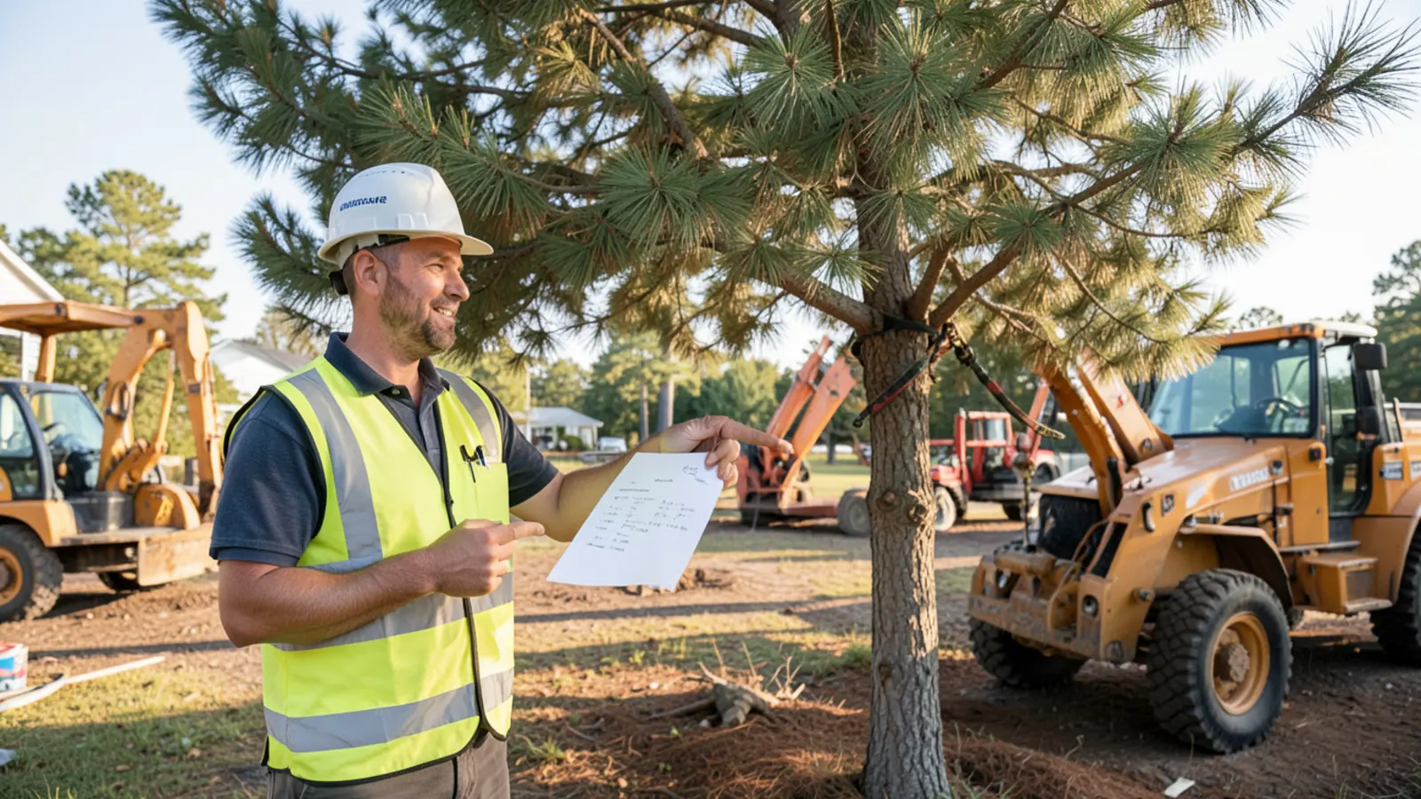 Tree service estimator using laser measure and clipboard near residential home