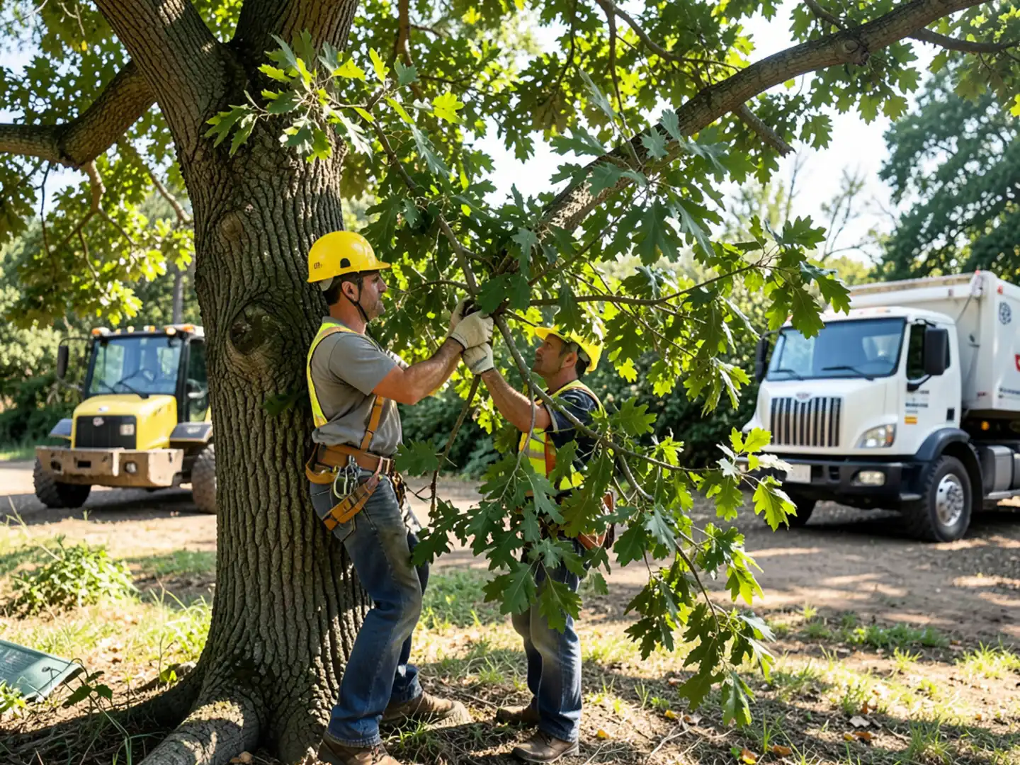 Lush green tree canopy highlighting dead leafless branch ready for removal