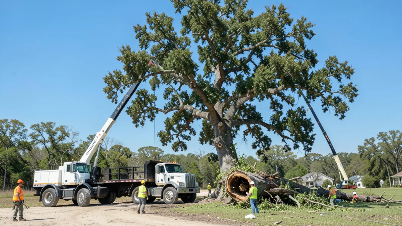 Tree crew sectioning decaying oak limb in residential student rental area in Carrollton