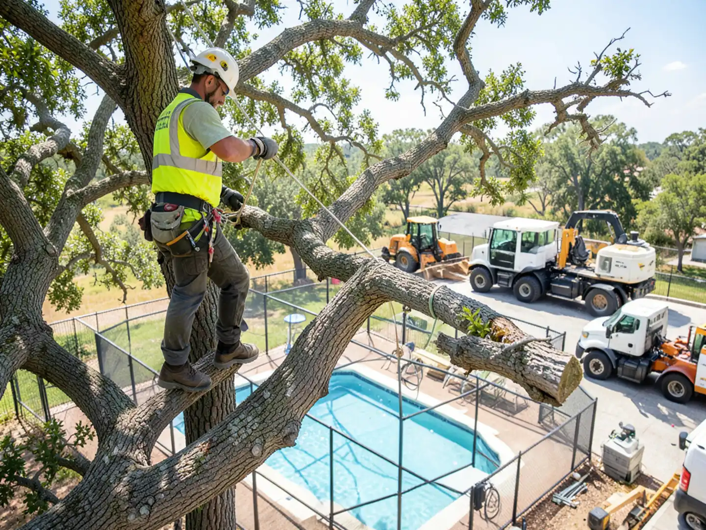Arborist checking structural stress cracks on hardwood tree in Fayetteville