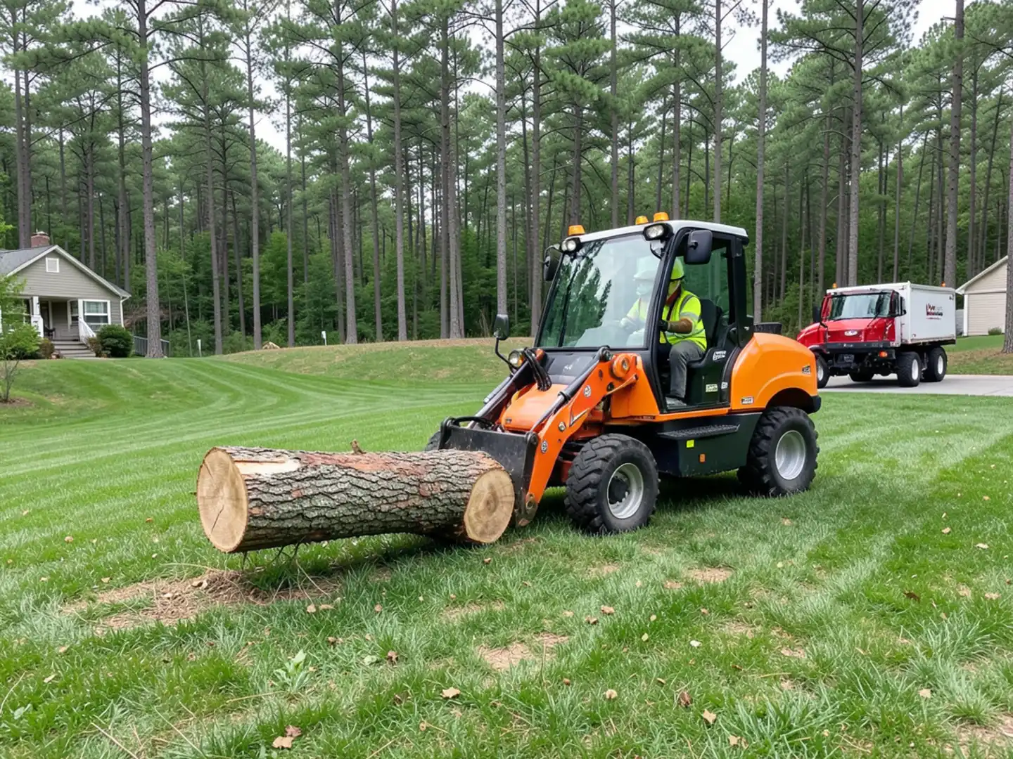 Tree service crew thinning pine stand on multi-acre residential property in Tyrone