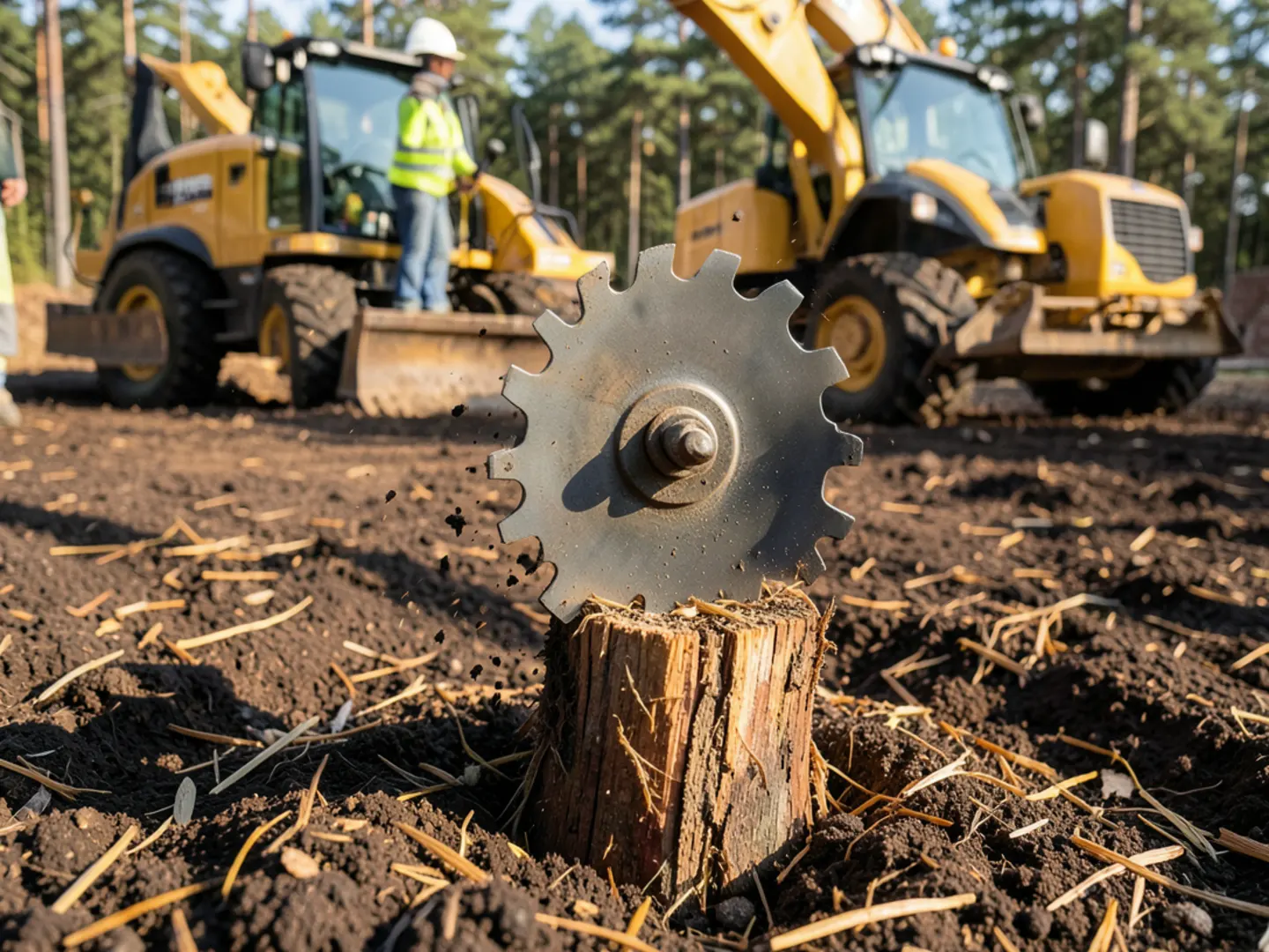 Spinning steel cutter wheel with carbide teeth reducing hardwood tree stump to mulch