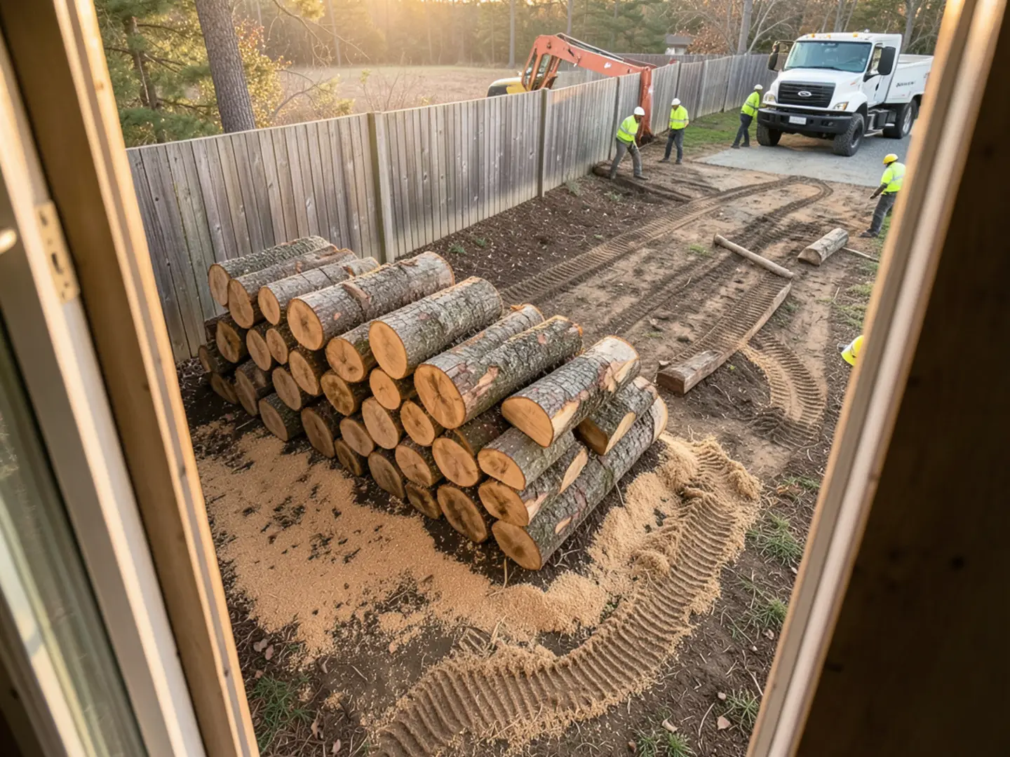 Crew members thoroughly raking yard and sweeping sawdust off driveway after removal