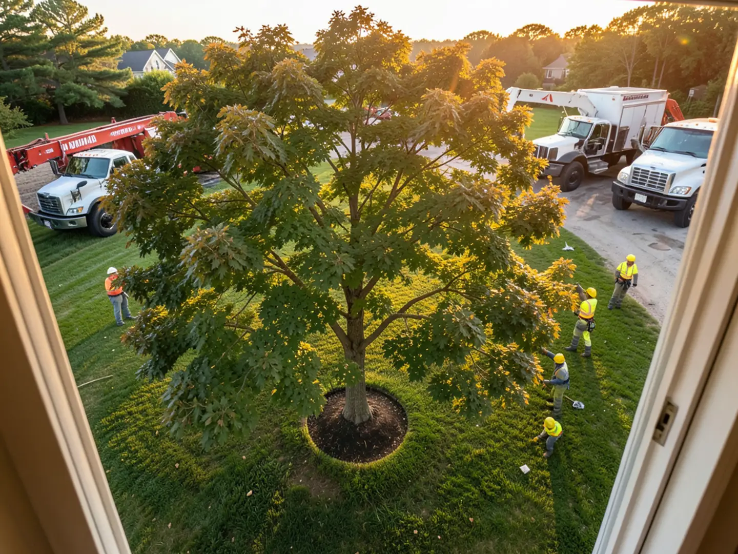 Ground crew feeding pruned oak branches into wood chipper on residential street