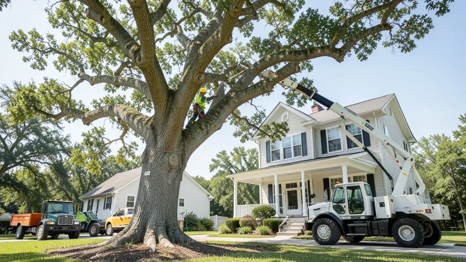 Arborist in bucket truck trimming dead branches from crown of massive white oak in GA